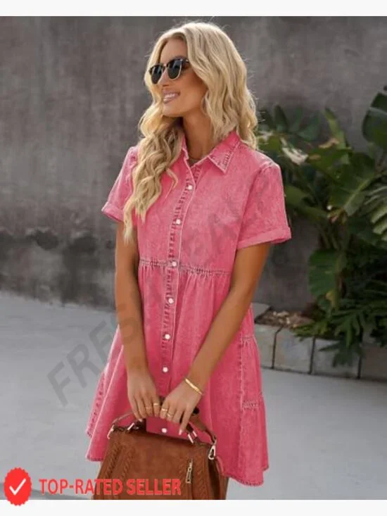Denim Babydoll Dress Flowy Tiered Button Down Short Sleeve Casual Chic - Picture 4 of 7